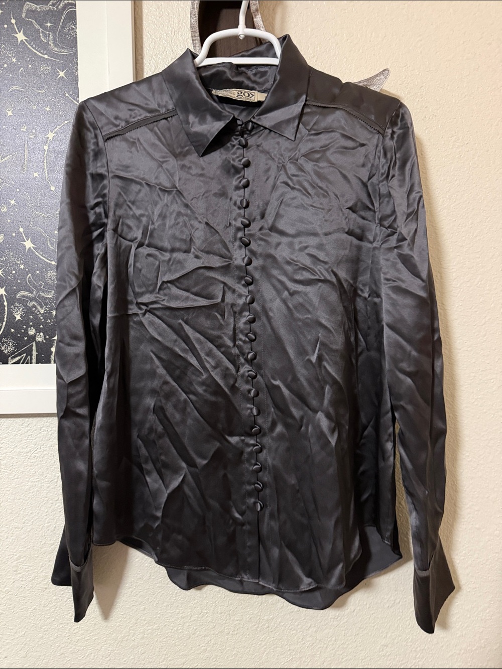 GO BY GO SILK Black Satin Button-Front Dress Shirt